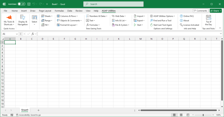 Excel with the ASAP Utilities Add-in in it's menu
